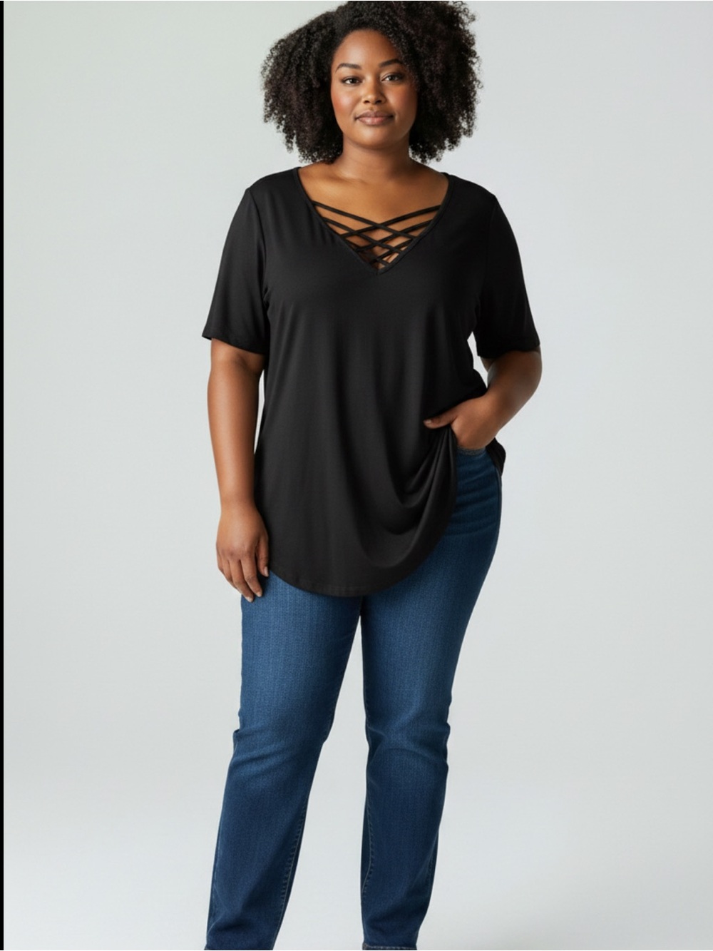 Torrid Black V-Neck Tunic with Crisscross Detail Size 1